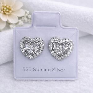 Double Heart CZ Stud Earrings Rhodium Finish 925 Mexican Sterling Silver